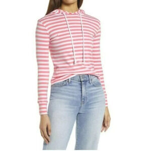 Caslon Hoodie Women Sm White Pink Flamingo Charm Striped Knit Drawstring Stretch